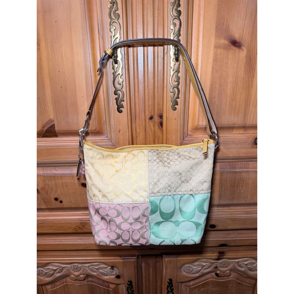 Y2K Coach Signature Patchwork Pastel Hobo Shoulder Bag Yellow Pink Green F14900 - Picture 1 of 16